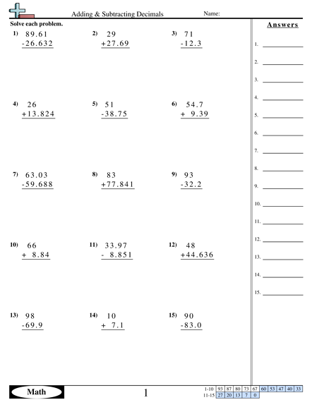 Decimal Worksheets - Adding & Subtraction Decimals (vertical) worksheet